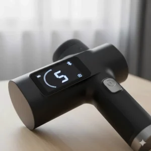 Detailed view of the LED display on a massage gun showing various speed levels and Bluetooth status.