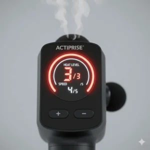The digital display of a massage gun showing adjustable heat levels and speed settings for sensitive lower back areas.