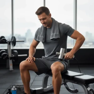 A British athlete using a professional percussion massager on their lower back after a gym session to prevent chronic aches.