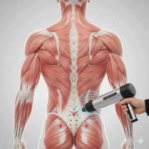 Anatomical illustration of human back muscles showing how a professional percussion massager targets chronic pain trigger points.