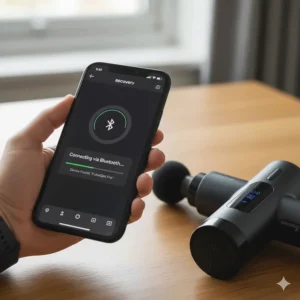 Close-up of a smartphone screen showing a Bluetooth massage gun connecting to a recovery app.