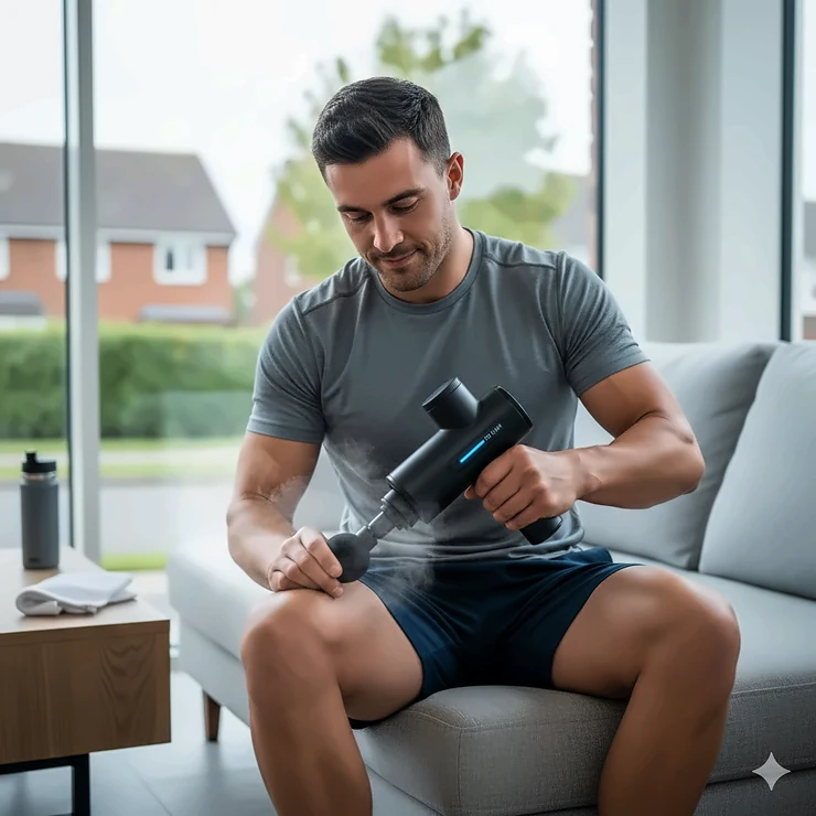 A professional athlete using a cold therapy massage gun on their quadriceps to reduce post-workout inflammation after a training session. cold therapy massage gun for post workout inflammation