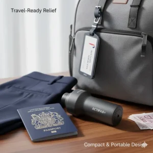 A compact mini percussion massager shown next to a travel bag, highlighting its portable size for UK commutes or holidays.