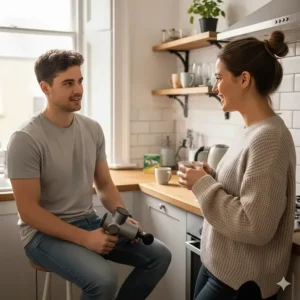 Two housemates chatting in a kitchen while one uses a discreet, quiet massage gun that does not interrupt the conversation.