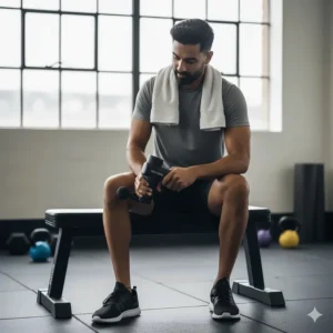 A person in a UK gym setting using a percussion massage device to treat muscle soreness following a high-intensity workout.