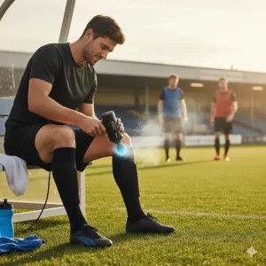 A footballer using a cold therapy massage gun on the sidelines of a pitch to address muscle fatigue and heat.