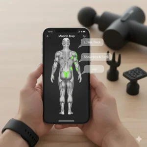 A digital diagram showing targeted muscle groups for a Bluetooth-enabled massage gun session.
