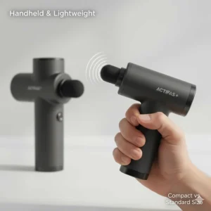 A hand holding a mini percussion massager to demonstrate its lightweight and ergonomic design for easy self-treatment of foot pain.