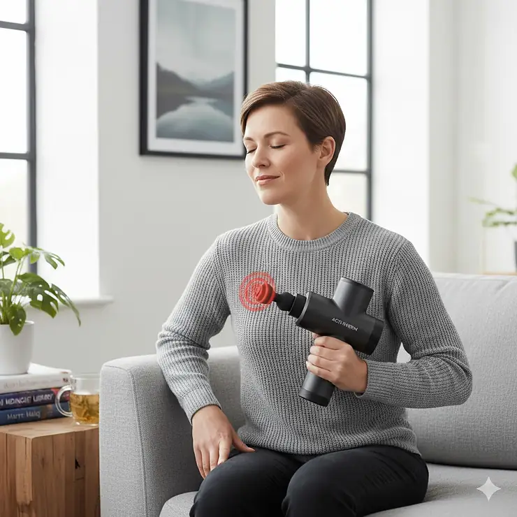 A person using a heated massage gun on their lower back to manage chronic pain while sitting on a sofa in a UK home. heated massage gun for chronic lower back pain