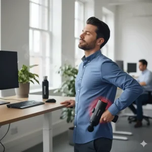 An office worker using a quiet heated massage gun for lower back pain relief during a break at a standing desk.