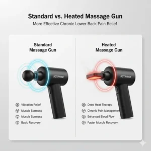 An infographic comparing a standard massage gun with a heated version for more effective chronic lower back pain management.