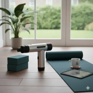 Lifestyle illustration of a professional percussion massager alongside a yoga mat, representing a UK-based back pain recovery routine.