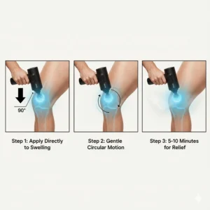 A step-by-step guide showing the correct angle to hold a massage gun for effective cold therapy on inflamed joints.
