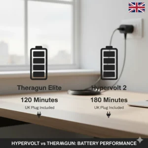 Graphic showing battery life in hours for the Hypervolt 2 and Theragun Elite, including UK plug compatibility.