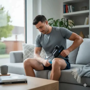 A person sitting on a sofa using a cold massage gun on their lower back to soothe soreness and inflammation.