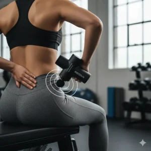 Applying a percussion massager to the lower back to alleviate tightness and support recovery after a long run or gym session.