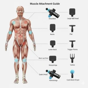 An anatomical guide showing which massage gun attachments, including heat and cryo heads, to use on specific muscle groups.
