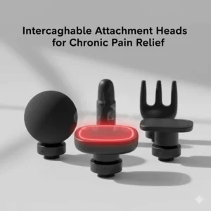 A variety of massage gun interchangeable heads, including a specialized heated tip for chronic back muscle relaxation.