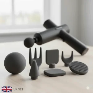A set of interchangeable heads for a Bluetooth massage gun, including ball and fork attachments.