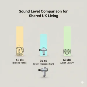 A chart comparing the low noise levels of a quiet massage gun to common household sounds, ideal for shared accommodation.