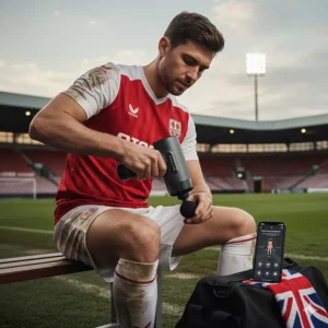 An athlete using a Bluetooth massage gun with guided routines after a football match to prevent soreness.