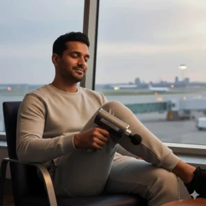 A traveller using a quiet-motor massage gun to treat leg muscle stiffness after a long-haul flight to London.