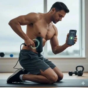 Illustration of a guided routine for lower back pain using a smart percussion massager.