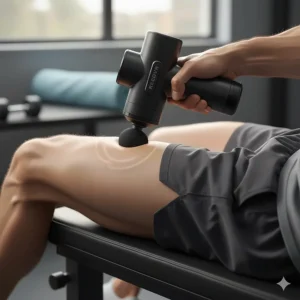 Close-up of a massage gun being applied to the hamstrings to aid muscle recovery and blood flow after a training session.