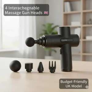 Four interchangeable massage gun heads included with a budget-friendly UK model for versatile muscle treatment and recovery.
