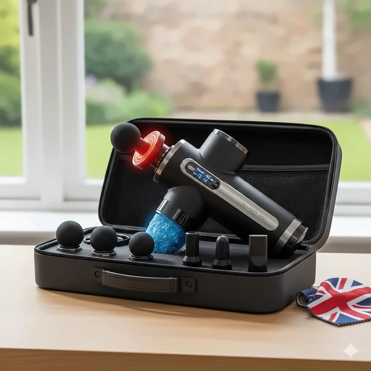 A premium massage gun with interchangeable heating and cooling attachments, displayed in a professional carrying case on a wooden table with natural British lighting. massage gun with heating and cooling attachments