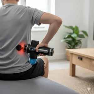 A man using the heating attachment of a massage gun on his lower back to alleviate tension while sitting in a modern British living room.
