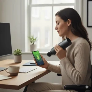 A professional using a smart massage gun to relieve neck tension caused by sitting at a desk.