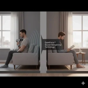 Illustration showing how noise-dampening technology in a massage gun prevents sound from travelling through thin walls in British flats.