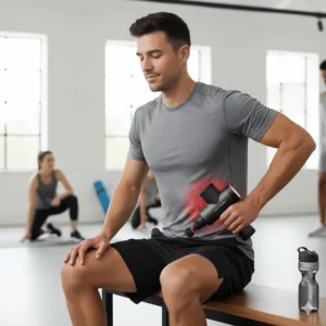 A British athlete using a heated massage gun on their lower back after a workout to prevent chronic stiffness.