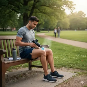 A runner in a UK park using a cold therapy massage gun on their calves to manage exercise-induced swelling.