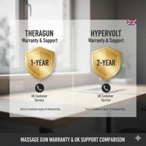 Icon-based illustration highlighting the 1-year vs 2-year warranty periods and UK-based customer service availability.