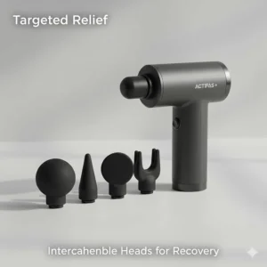 Selection of interchangeable massage heads for a mini percussion device, designed for various stages of plantar fasciitis treatment.