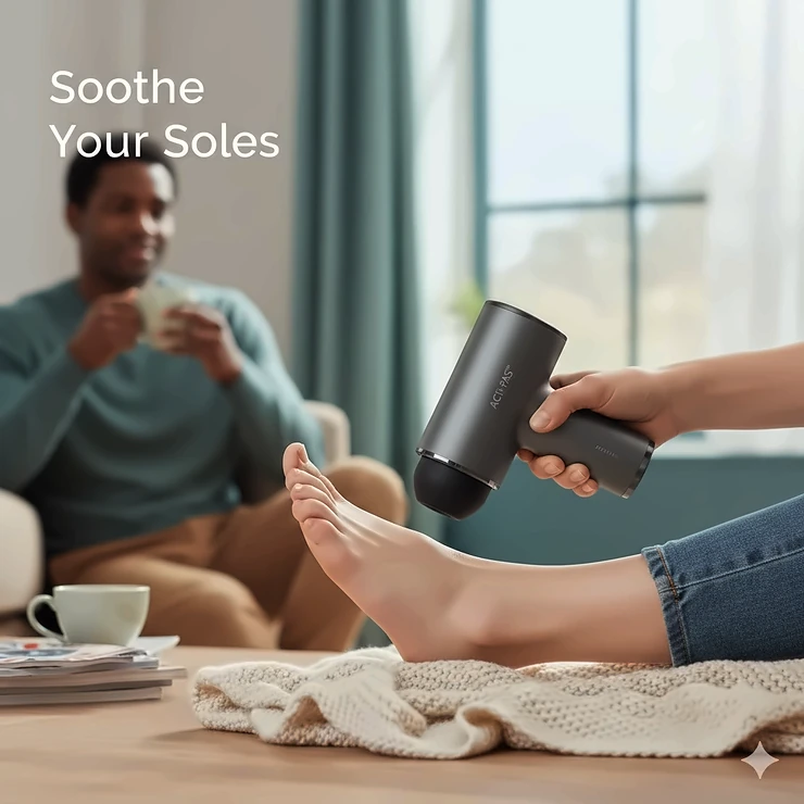 A person using a mini percussion massager for plantar fasciitis treatment on their foot arch to relieve heel pain in a modern British living room. mini percussion massager for plantar fasciitis treatment