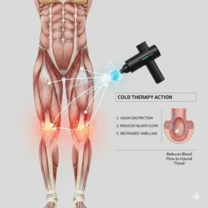 An anatomical diagram showing how cold therapy massage reduces blood flow to inflamed muscle tissues post-workout.