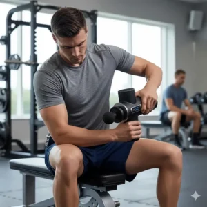 An athlete in a UK gym using a professional massage gun on their forearm to aid muscle recovery and reduce stiffness.