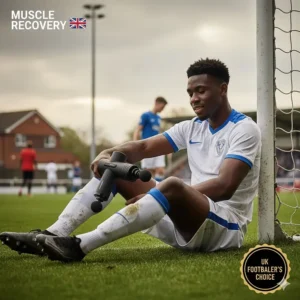 A British footballer using a budget-friendly massage gun for muscle recovery on the pitch after a football match.