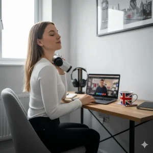 A professional using a quiet massage gun for neck pain while working from home in a flat, ensuring no noise disturbance during calls.