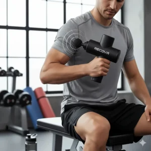 Using a massage gun on the trapezius muscles to relieve tension and stiffness after a heavy upper-body workout.