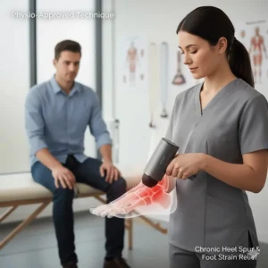 Illustration of a physiotherapy-approved technique using a percussion massager to treat chronic heel spurs and ligament tension.