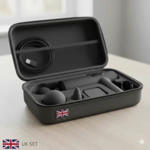 A compact, UK-style carry case containing a Bluetooth massage gun and its USB charging cable.