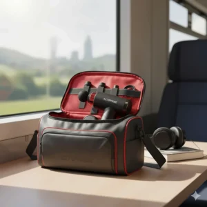 A compact heated massage gun packed in a travel bag, ideal for UK commuters or those with active lifestyles.