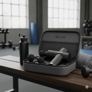 A professional massage gun stored in a sleek, portable carrying case, ideal for UK athletes and gym-goers on the move.