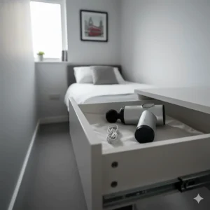 A compact massage gun stored in a bedside table, perfect for renters with limited space in UK shared accommodation.