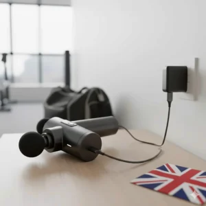 A portable massage gun being charged at a UK wall socket, highlighting its convenience for home and gym use.