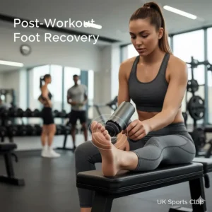 An individual using a handheld percussion massager on their sole for recovery after a training session at a local UK sports club.